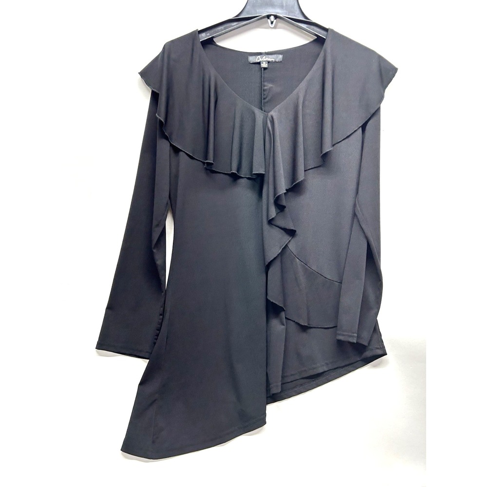 Calessa Women's Black Asymmetrical V-Neck Polyester Blend Medium Black Top (E1)